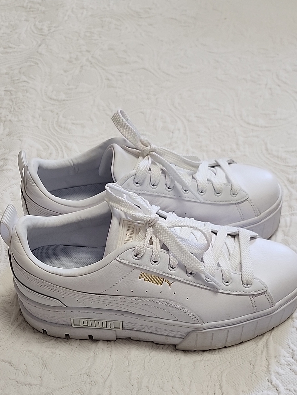 Puma White Low-Top Platform Sneakers with Gold Logo